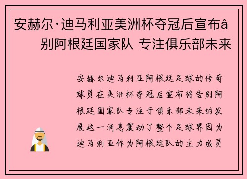 安赫尔·迪马利亚美洲杯夺冠后宣布告别阿根廷国家队 专注俱乐部未来 安赫尔·迪马利亚美洲杯夺冠后宣布告别阿根廷国家队 专注俱乐部未来