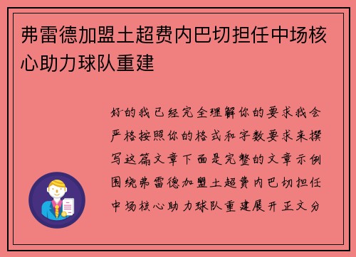 弗雷德加盟土超费内巴切担任中场核心助力球队重建